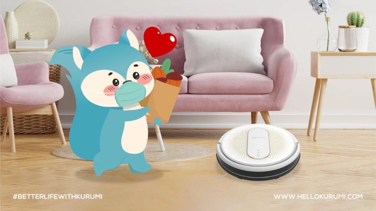 Ilustrasi penggunaan Kurumi KV 08 Robot Vacuum Cleaner untuk pembersihan lantai secara praktis dan tuntas.