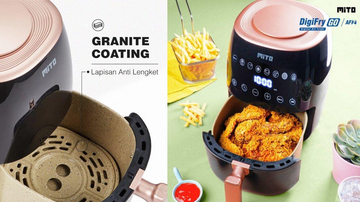 Ilustrasi penggunaan MITO DigiFry AF2 Air Fryer dengan 4 layer granite coating.
