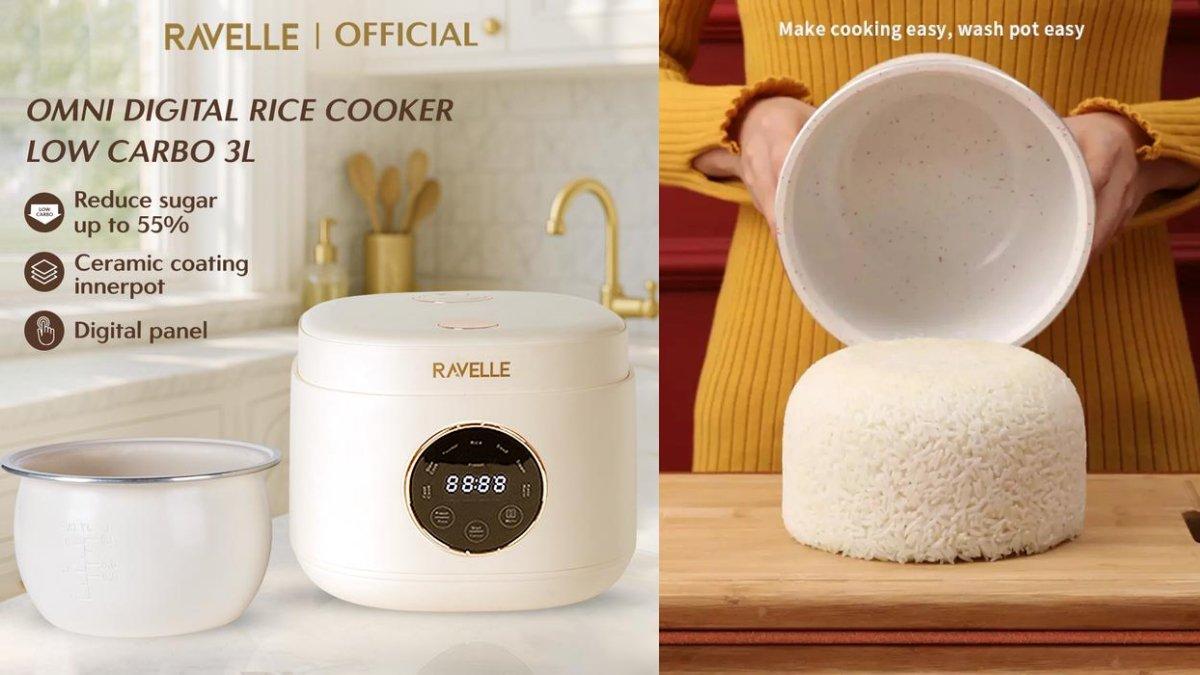 Ilustrasi penggunaan RAVELLE Digital Rice Cooker Low Carbo 1.2 Liter.
