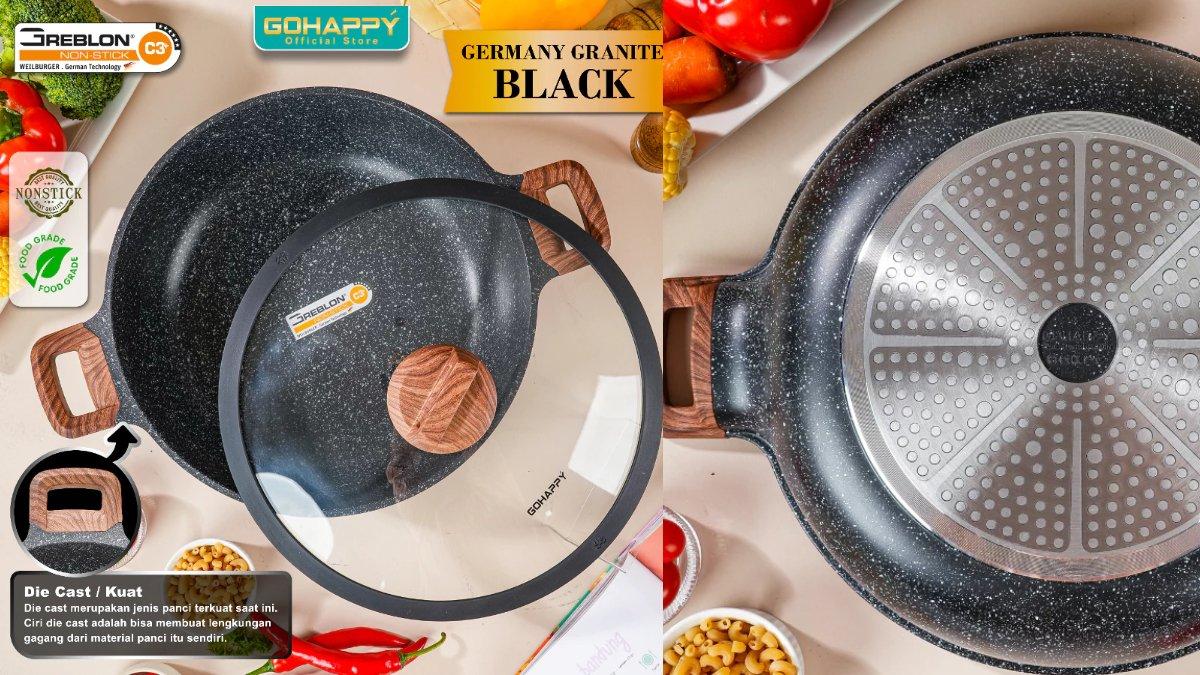Wok Pan JERMAN 32CM+Steamer Gohappy Germany Granite Black