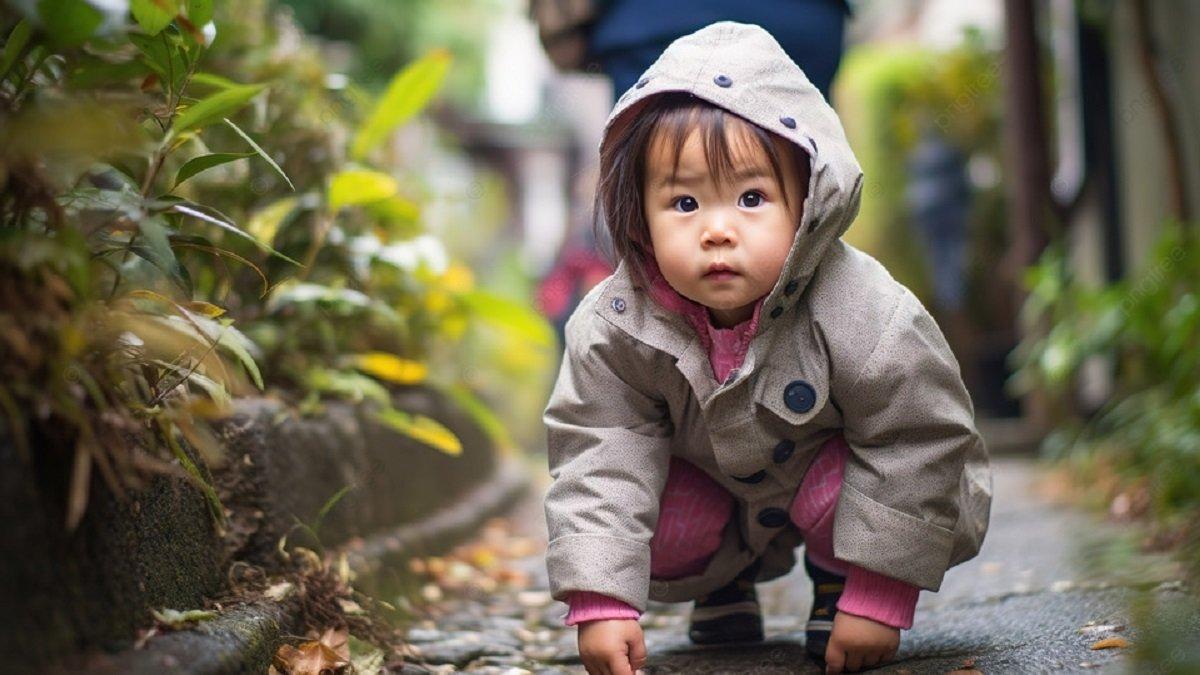 Ilustrasi si kecil menggunakan jaket hujan dan celana panjang tahan air.