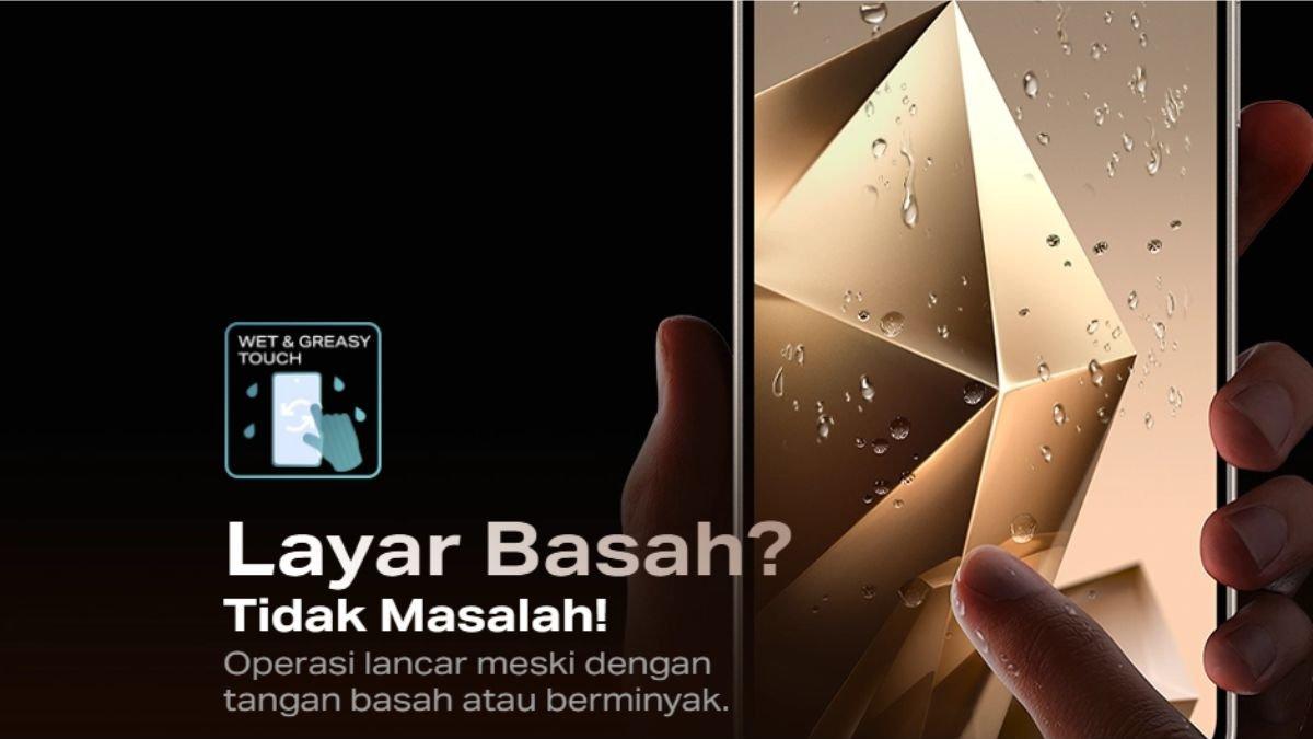 Ilustrasi layar Infinix NOTE 50X 5G Plus dengan fitur Wet and Greasy Touch