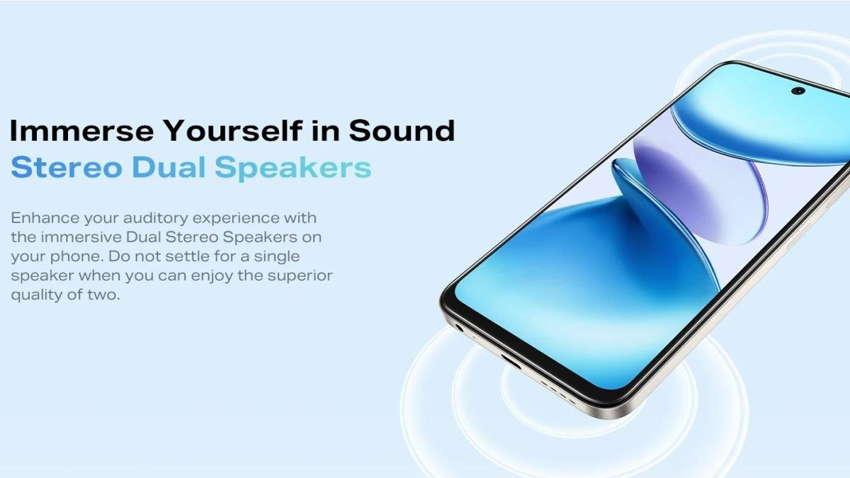 Ilustrasi layar luas 120 Hz milik Infinix SMART 9 yang dilengkapi performa dual speaker stereo