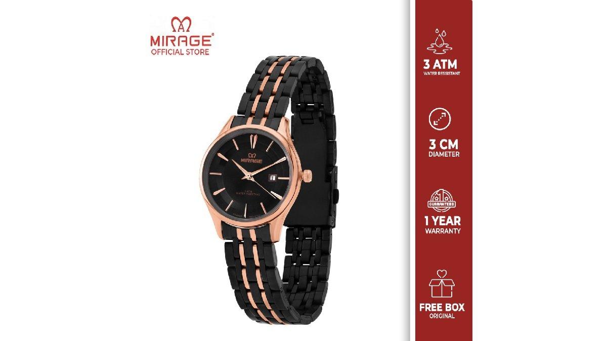 Jam Tangan Wanita Analog Anti Ai Mirage Original r 8775 L Hitam List Rosegold 