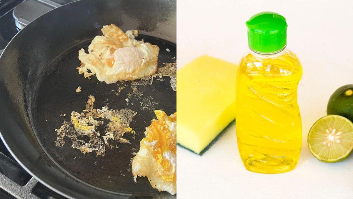 Kerak telur di permukaan panci bisa dibersihkan dengan mudah pakai sabun cuci piring dan air.