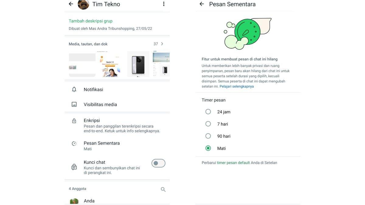 Tampilan mengaktifkan Pesan Sementara di grup WA