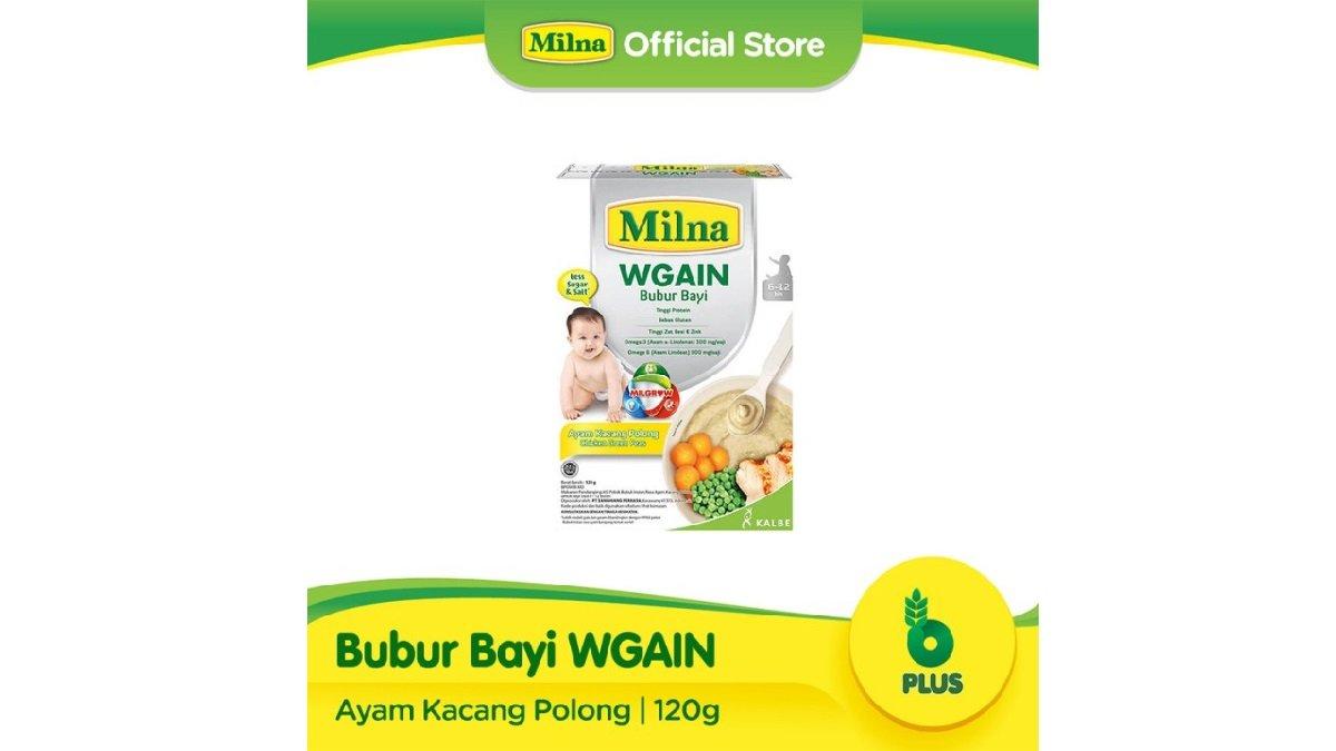 Milna Bubur Bayi Wgain Ayam & Kacang polong 120 g tersedia di Indomaret.
