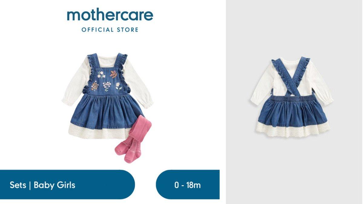 Mothercare Denim Pinny Dress, Bodysuit and Tights Set - Dress Bayi Perempuan (Biru)