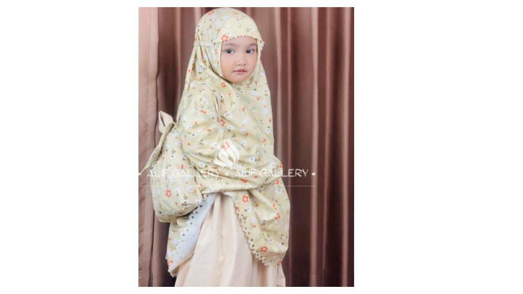 Mukena Anak Tas Ransel Motif Bunga Motif Daun | Mukena Katun Rayon TK SD Tanggung | Alif Gallery