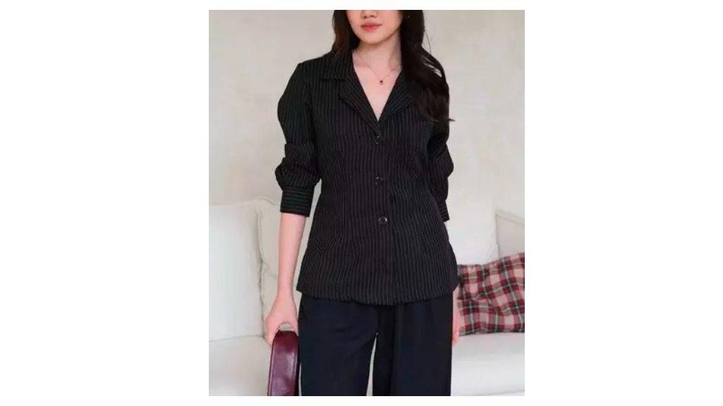 N O H A N - Esme Blazer Fitted Stripe Shirt Blazer Semi Wool Atasan Wanita Lengan Panjang