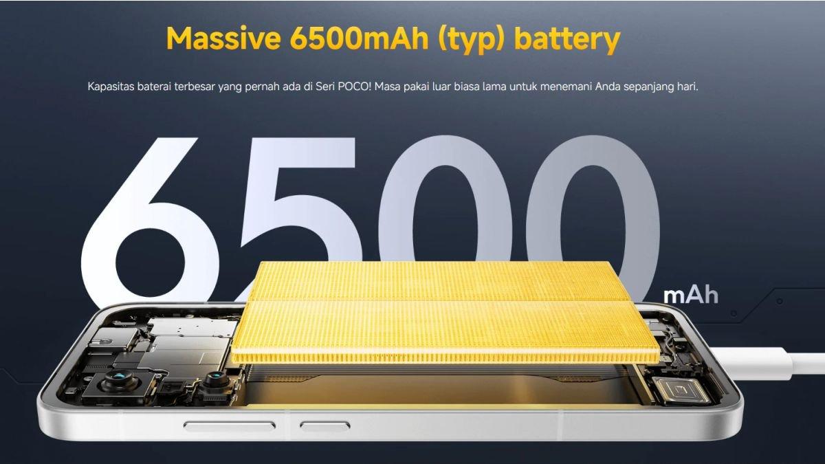 Ilustrasi sektor daya POCO F7 yang diperkuat baterai 6.500 mAh