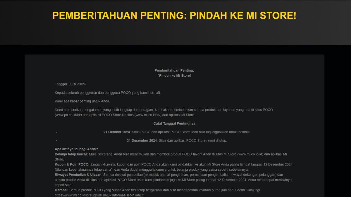 Pemberitahuan penting POCO Indonesia terkait penutupan situs dan aplikasi POCO Store di Tanah Air