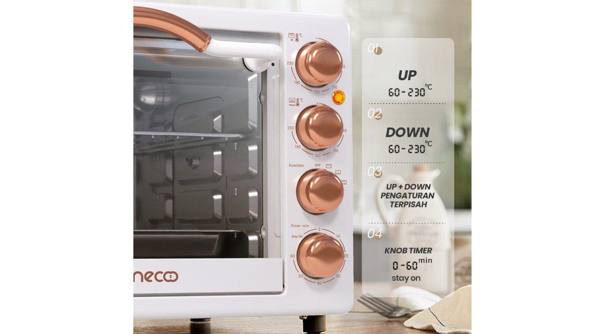 Pengaturan waktu dan suhu Mecoo Aesthetic Electric Oven 22 Liter.