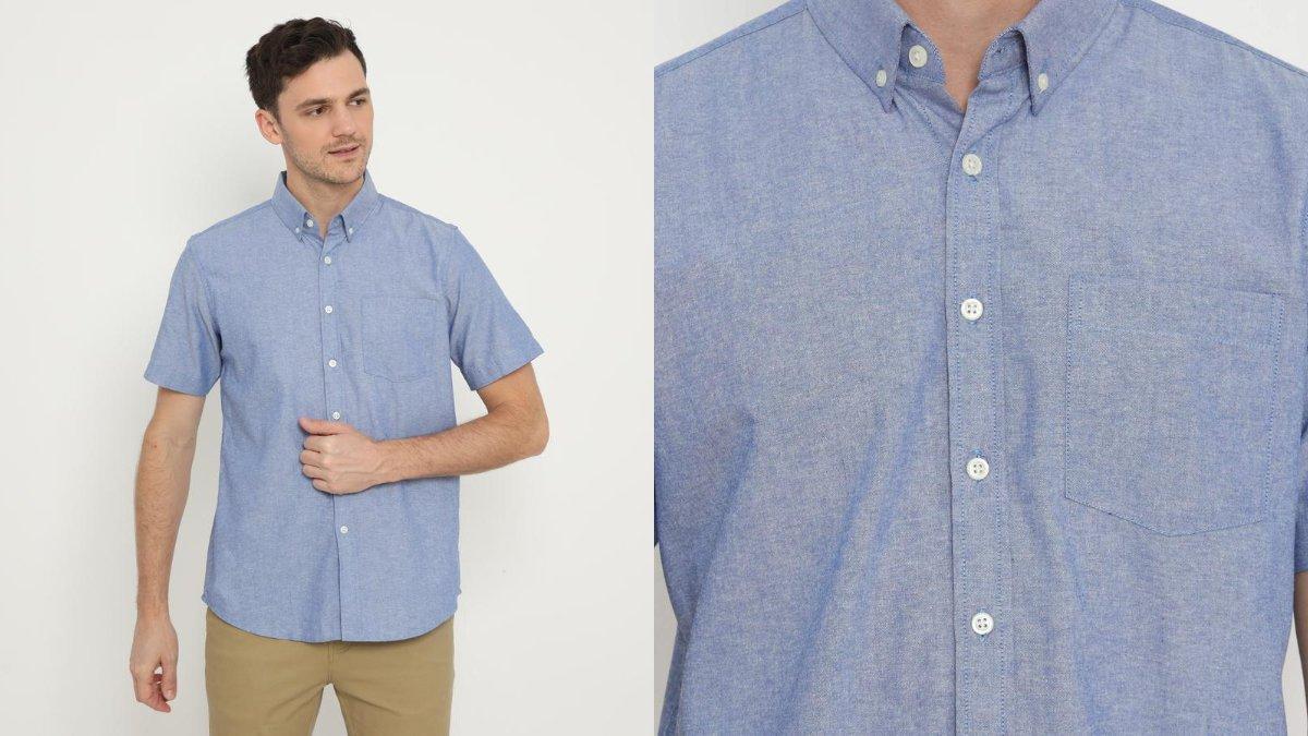 Platini Kemeja Pria Polos Oxford Pendek Dusty Blue.