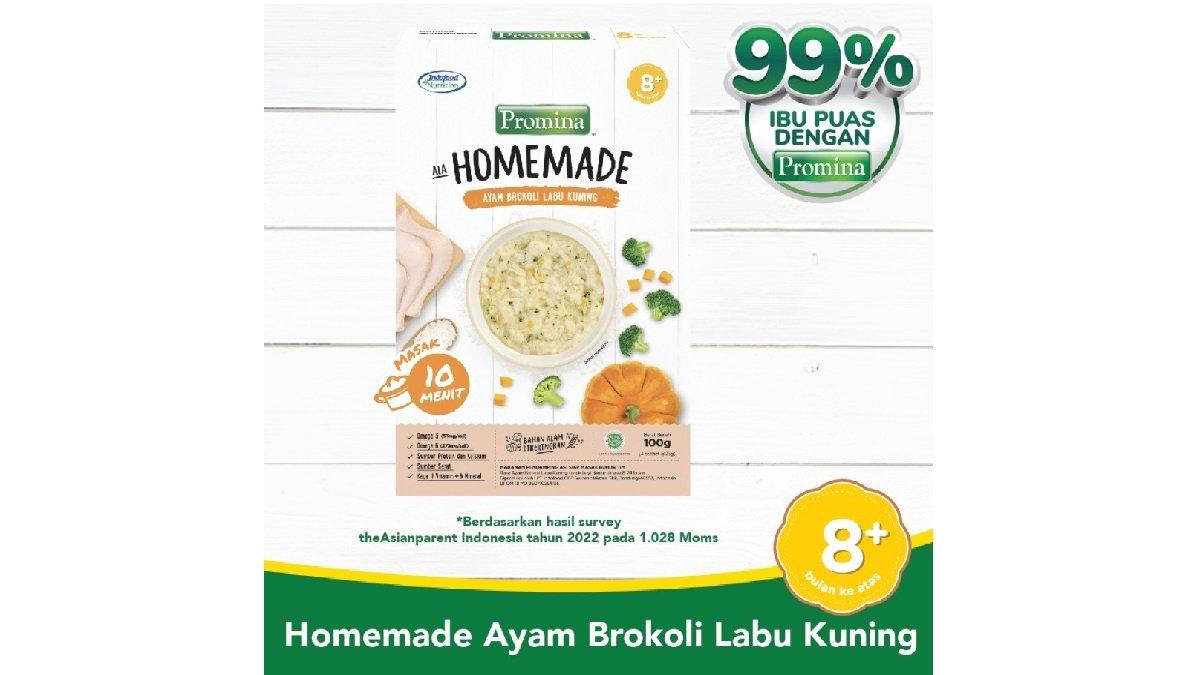 Promina Homemade Ayam Brokoli Labu Kuning 100 g tersedia di Indomaret.