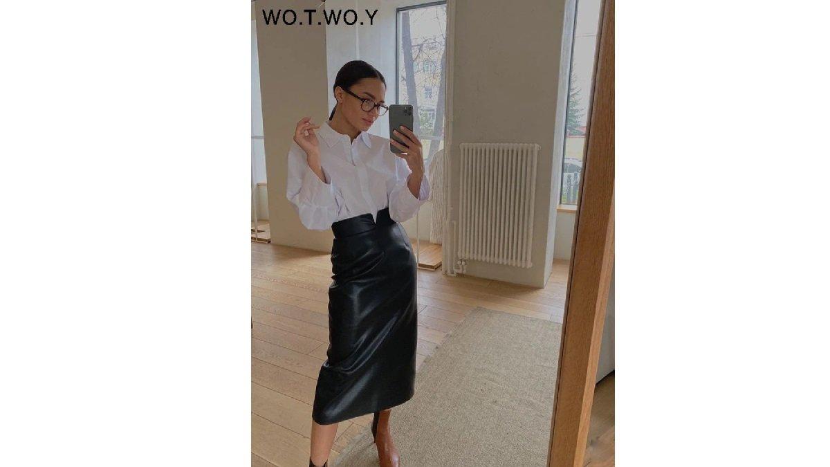 Vestic Fashion - Rok Kulit Wanita Kantor Womwoy Disambung Rok Pensil