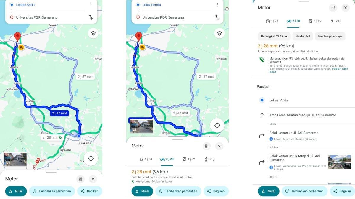 Ilustrasi memilih rute hemat bahan bakar di Google Maps