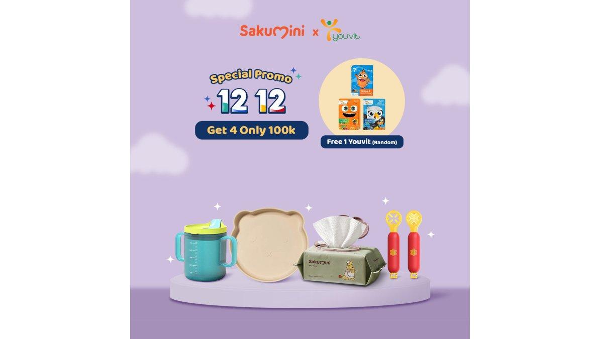 Sakumini Paket 100k Dapat 4 Pcs Gelas Minum Anak Sendok Makan Celemek Tisu Basah isi 80 Lembar