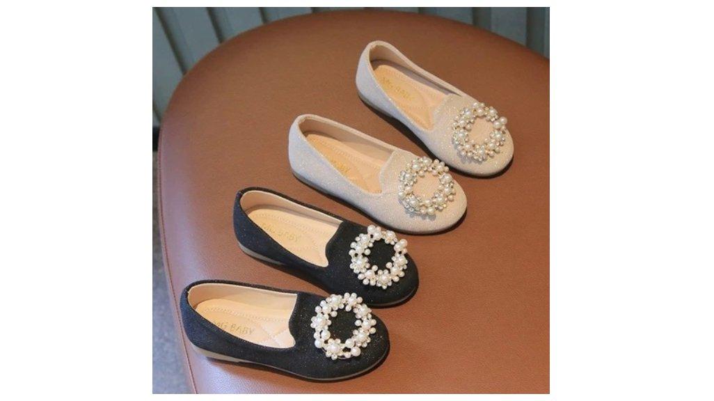 Sepatu Flat Anak Perempuan Mutiara Sepatu Anak Berlian Imitasi Warna Solid