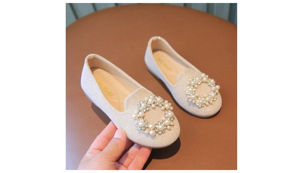 Sepatu Flat Anak Perempuan Mutiara Sepatu Anak Berlian Imitasi Warna Solid