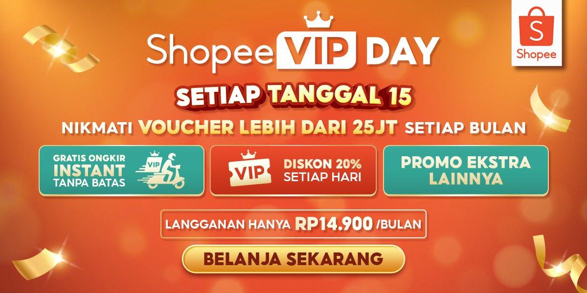 Jadi pelanggan VIP Shopee cuma Rp14.900/bulan? Nikmati diskon 20% setiap hari, gratis ongkir instan tanpa batas, dan voucher total lebih dari 25 juta setiap bulan