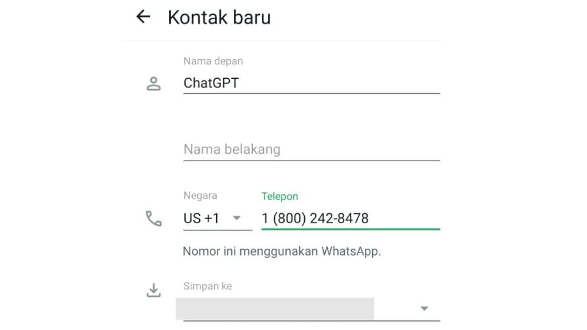 Ilustrasi menyimpan nomor ChatGPT di daftar kontak