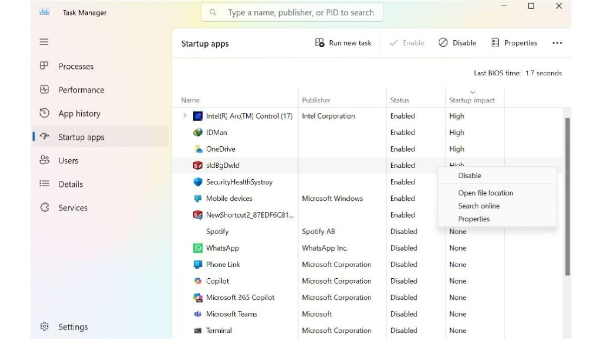 Tampilan Startup Apps di Task Manager