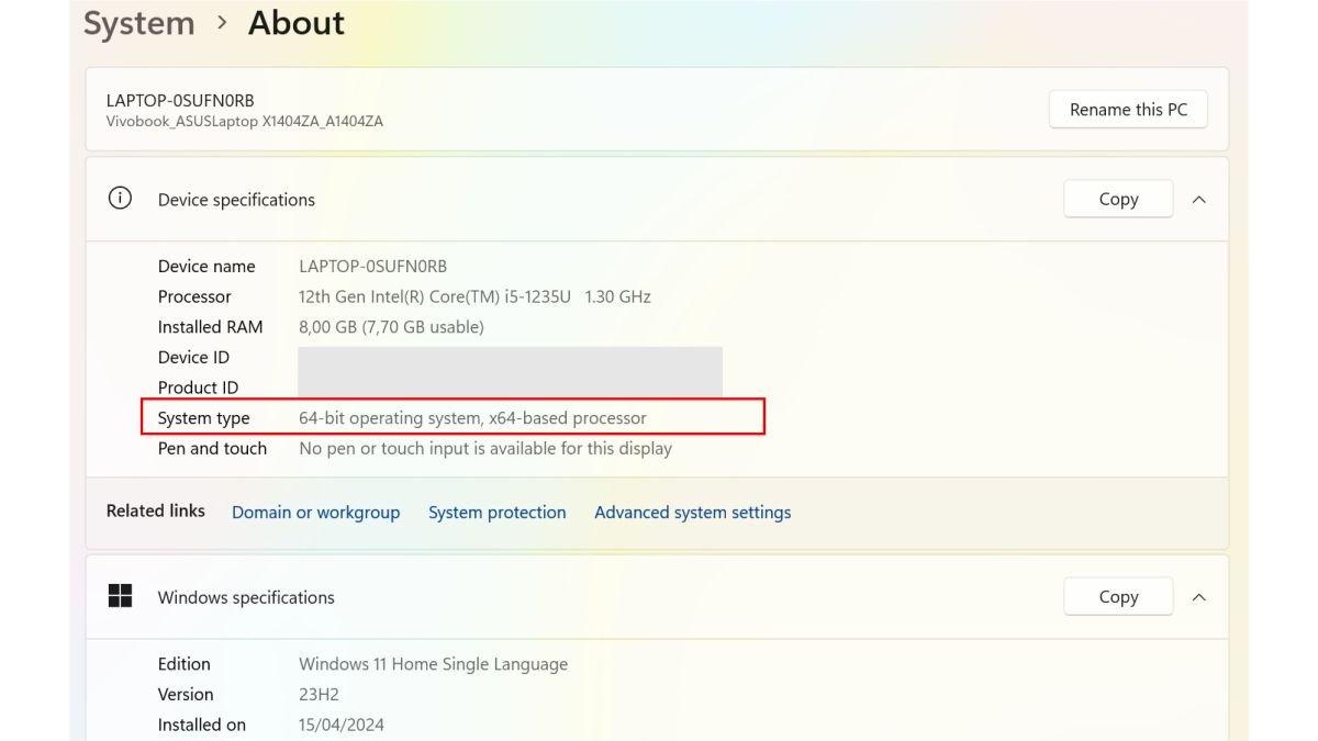 Tampilan jendela About yang bisa dibuka lewat menu Settings di Windows 11, bisa dipakai untuk mengecek versi bit laptop