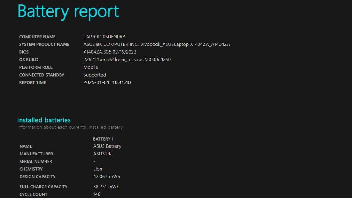 Tampilan laporan baterai atau battery report, bisa untuk mengetahui kapasitas dan kondisi kesehatan baterai