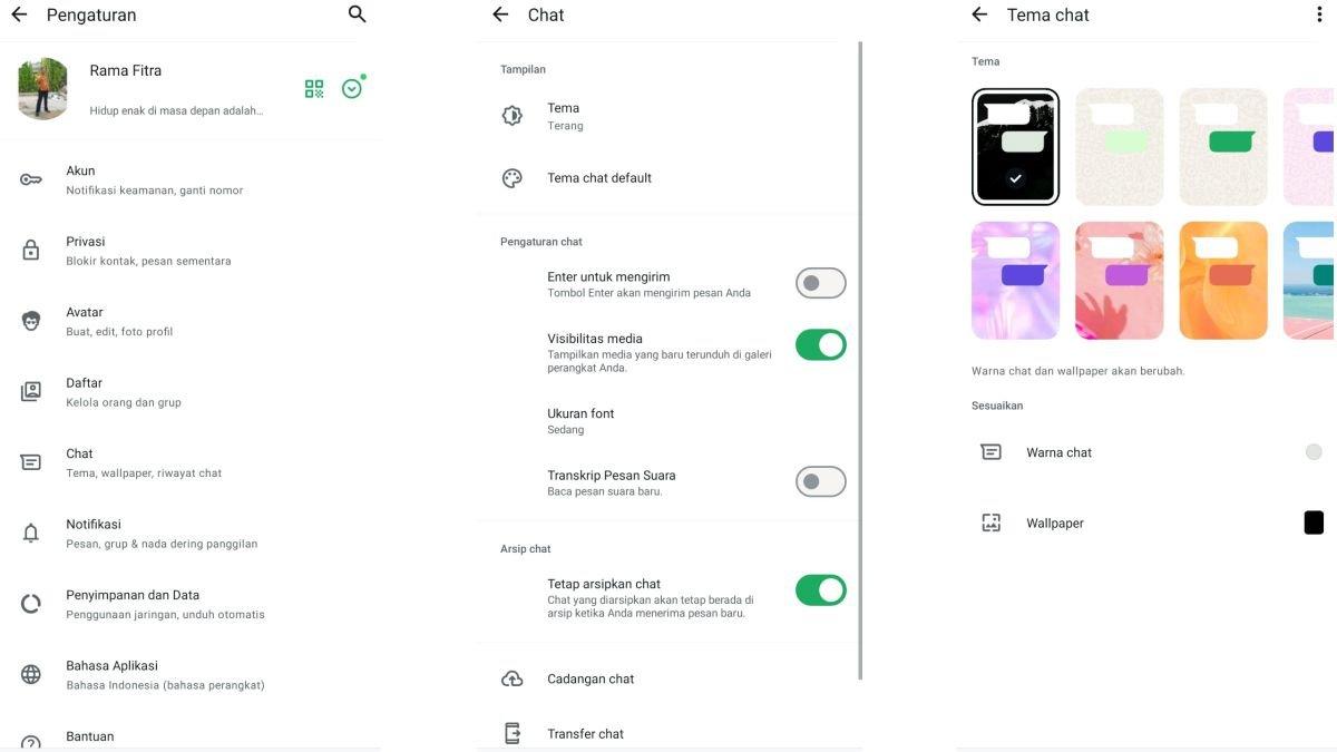 Tampilan cara mengatur atau menggunakan Tema Chat WhatsApp