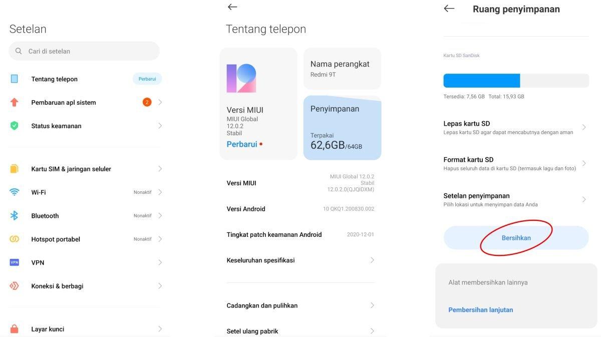Tampilan cara membersihkan cache di HP Xiaomi lewat menu Setelan atau Settings