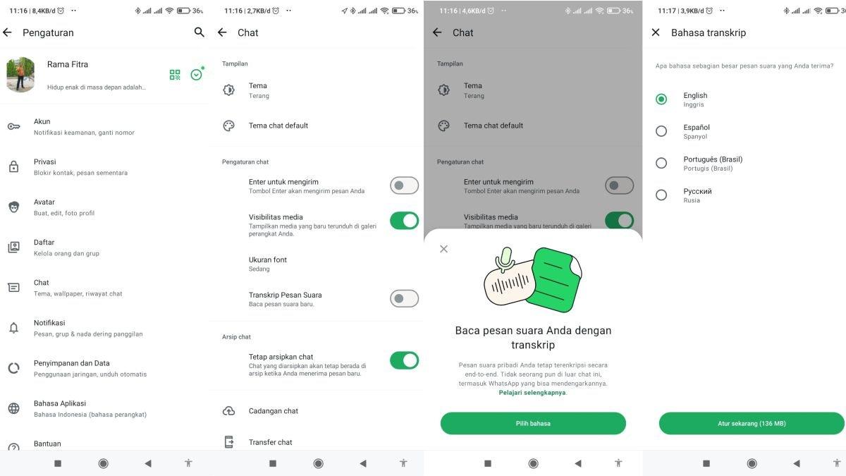 Tampilan cara mengaktifkan Fitur Transkripsi Pesan Suara di WhatsApp