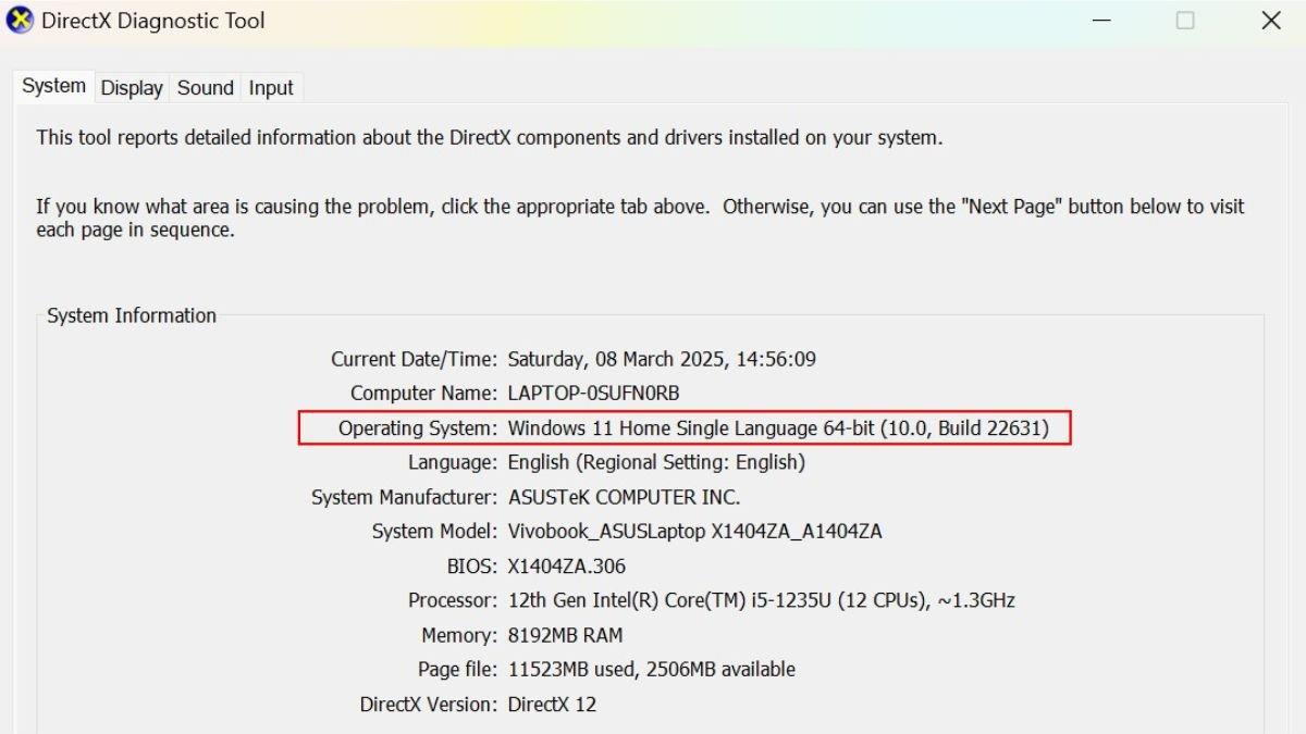 Tampilan jendela DxDiag untk cek bit laptop
