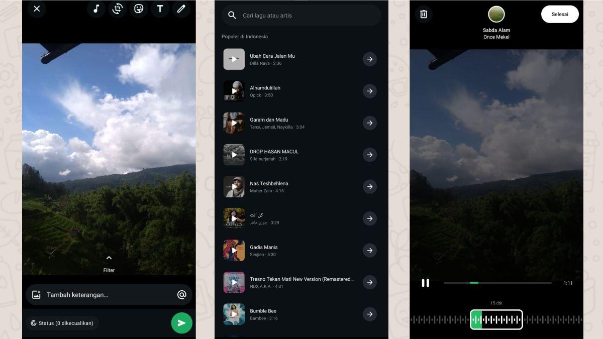 Tampilan membuat status WA yang dilengkapi musik