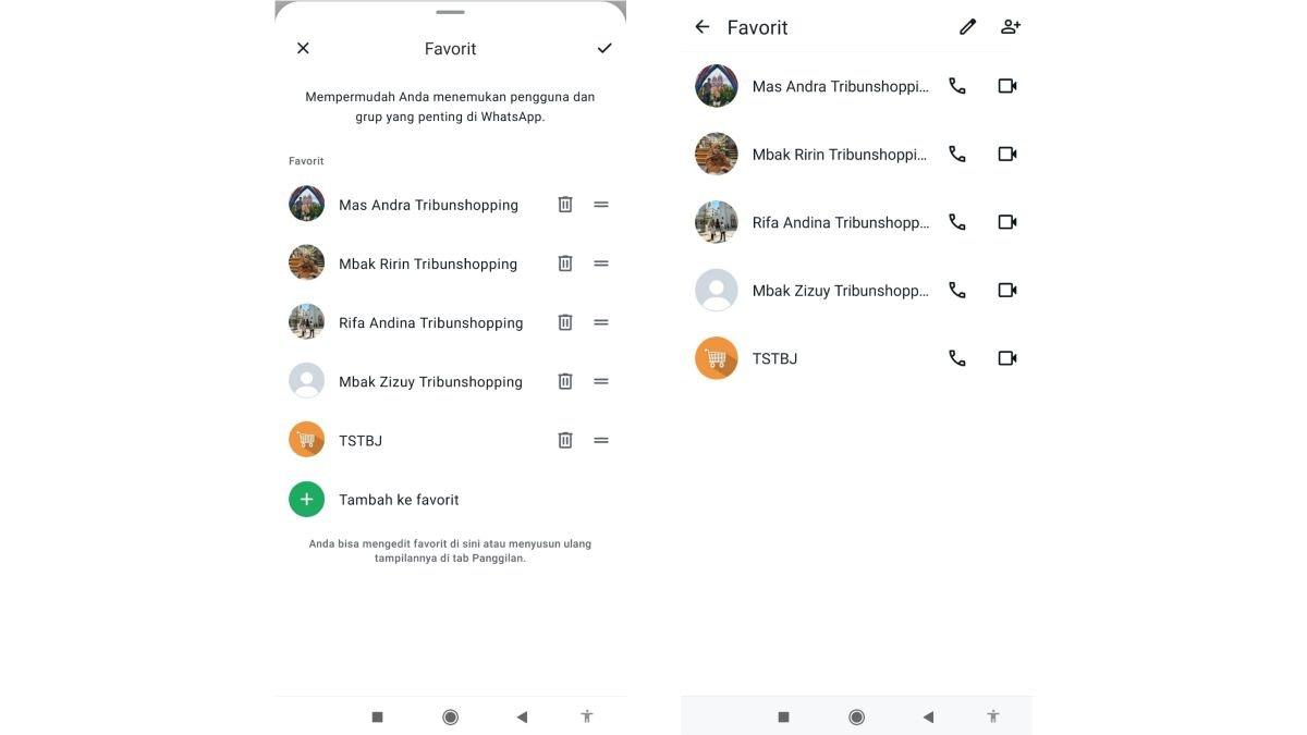 Ilustrasi tampilan daftar kontak dan grup Favorit di WhatsApp