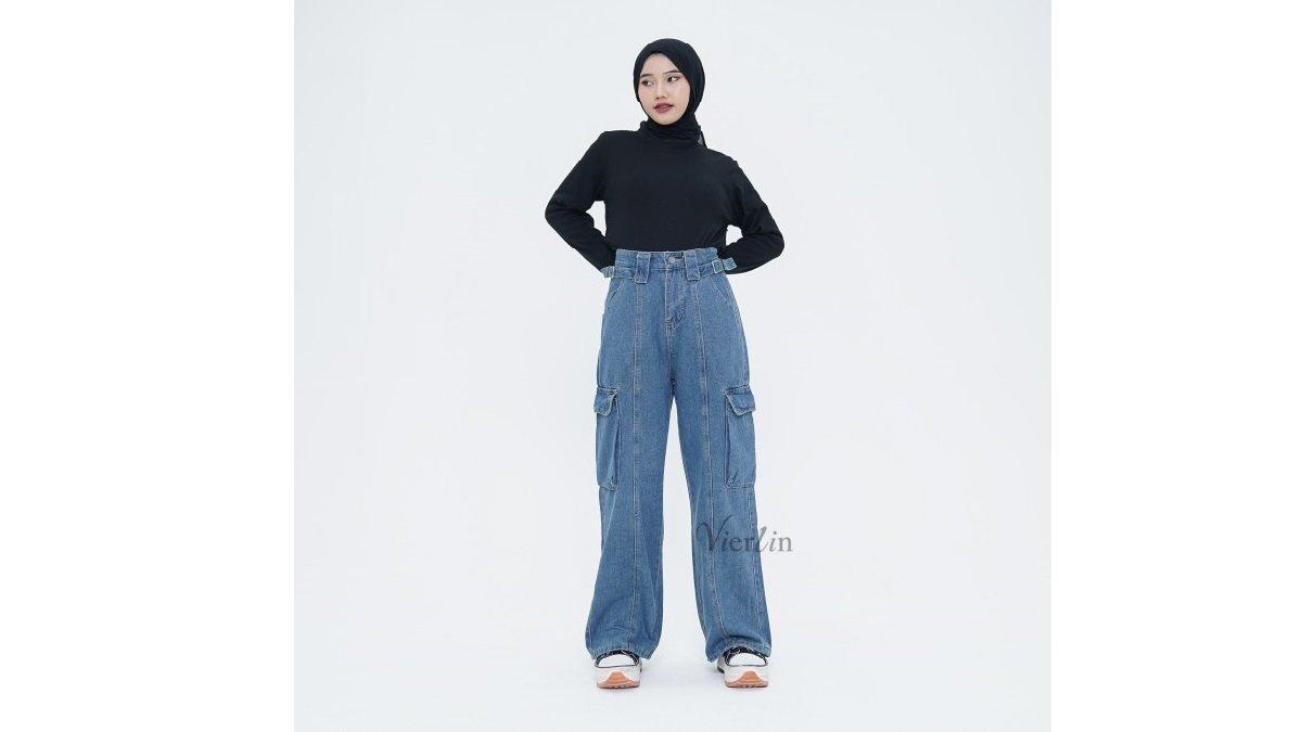 VIERLIN Jeans High Waist Cargo Jeans Wanita