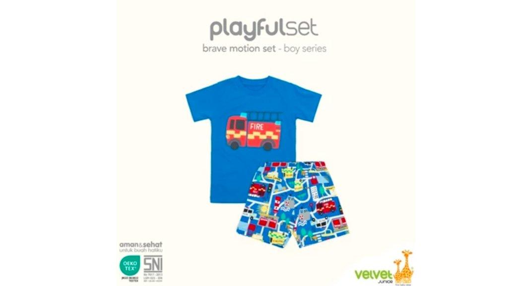 Velvet Junior Setelan Kaos Anak Laki - Bamboo Cotton Boys Full Print Tees & Shorts Set Brave Motion