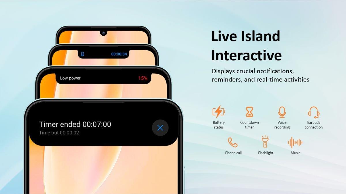 Ilustrasi layar ZTE Blade A55 dengan fitur Live Island Interactive