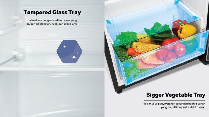 AQUA Kulkas 2 Pintu AQR-D270 dengan tray tempered glass kokoh.