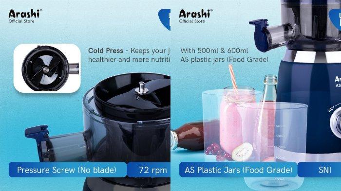 Arashi Slow Juicer ASJ 0601 dengan metode cold press yang lebih menjaga nutrisi buah.