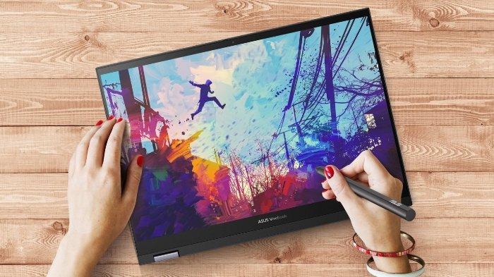 Ilustrasi layar laptop dipakai menggambar oleh seorang konten kreator