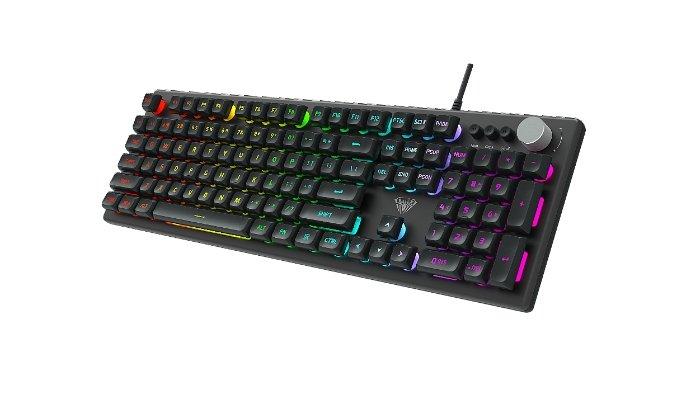 Ilustrasi keyboard yang dilengkapi tombol media dan knob untuk mengatur volume suara