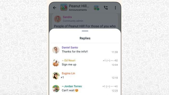 Pengumuman atau Announcements di Komunitas WhatsApp kini bisa dibalas dengan lebih detail oleh para anggota