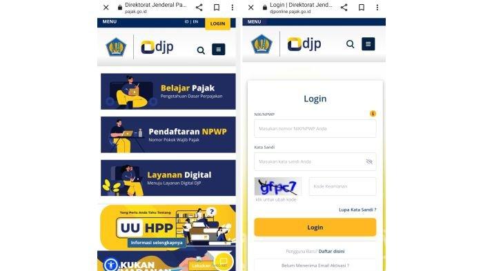 Tampilan login laman DJP Online bisa dipakai untuk memeriksa apakah NIK sudah diverifikasi sebagai NPWP terbaru