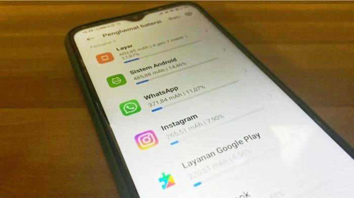 Tampilan layar di HP Xiaomi, berisi sejumlah aplikasi yang mengonsumsi daya baterai