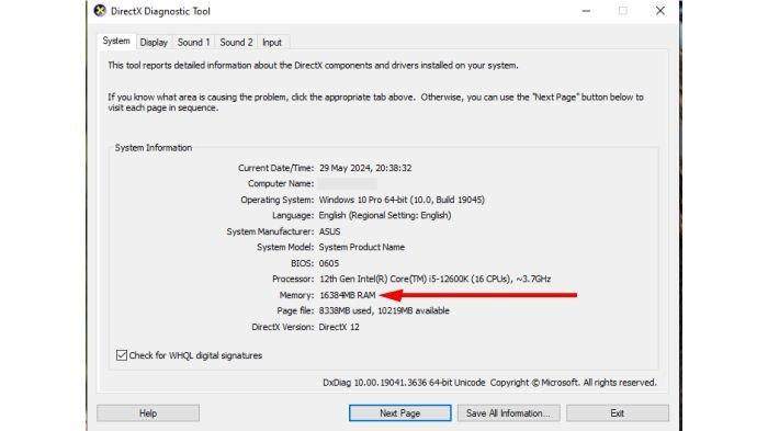 Tampilan jendela dxdiag untuk mengetahui sejumlah informasi perangkat, termasuk kapasitas memori RAM yang terpasang