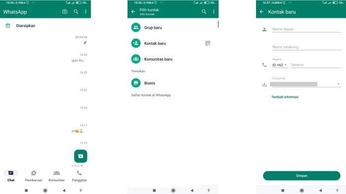 Langkah-langkah menyimpan kontak WhatsApp dengan membuat chat baru terlebih dahulu
