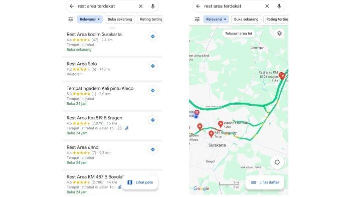 Tampilan Google Maps untuk mengecek lokasi rest area terdekat