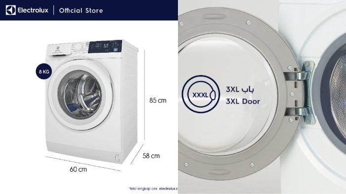 Dimensi ukuran Electrolux Mesin Cuci Front Loading UltimateCare 300 EWF8004E3WB, dengan pintu front loading yang lebih lebar