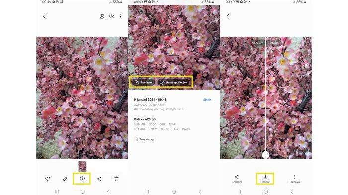 Ilustrasi pemakaian fitur Photo Remaster dan Object Eraser di HP SAMSUNG